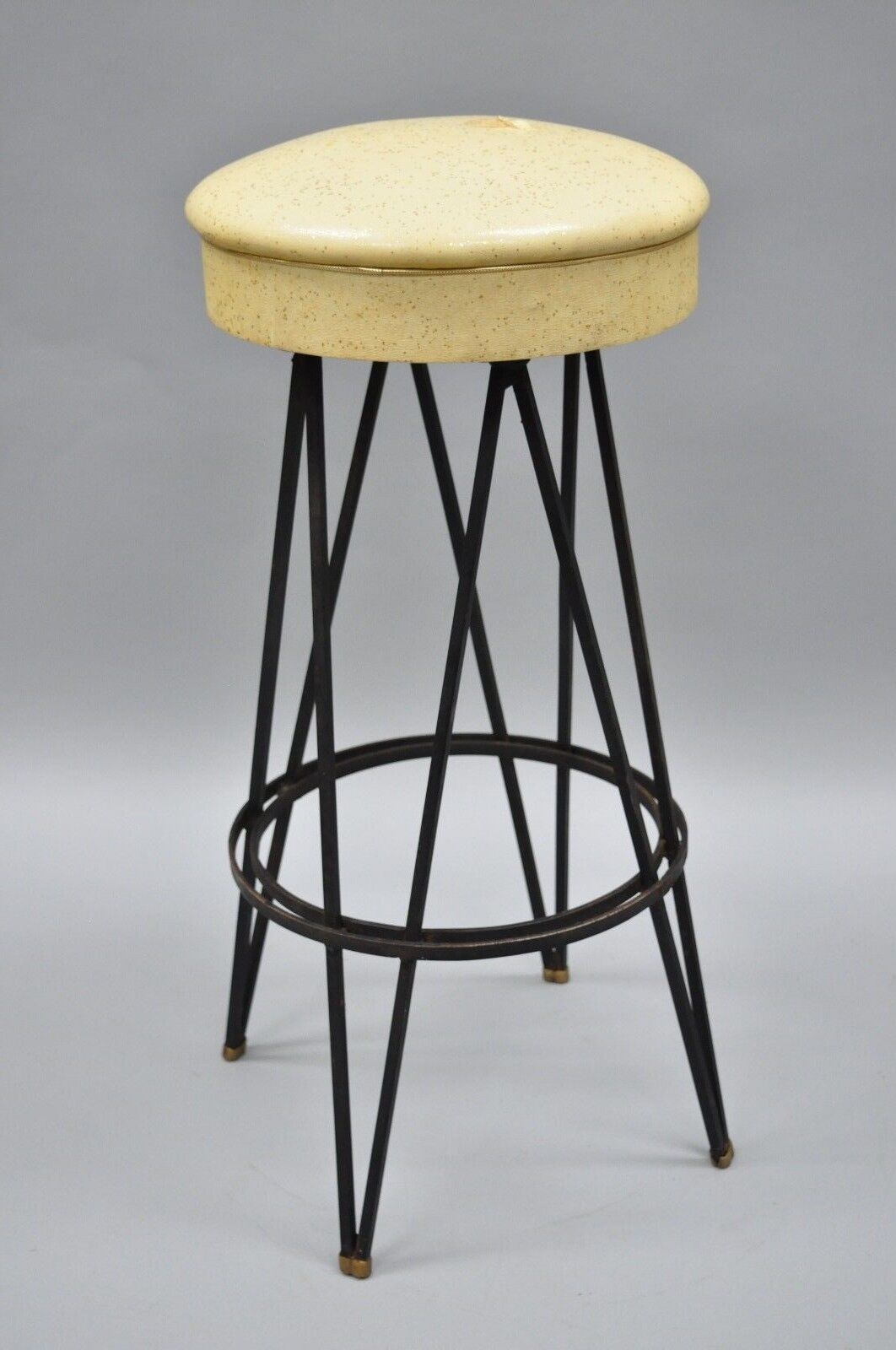 Vintage Wrought Iron Metal Hairpin Leg Atomic Era Swivel Bar Stool Yellow Seat