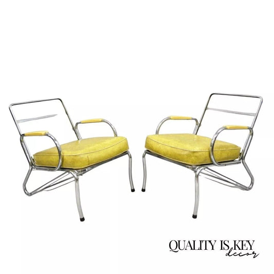 Art Deco Tubular Chrome Yellow Vinyl Club Lounge Arm Chair Attr Lloyd Mfg - Pair