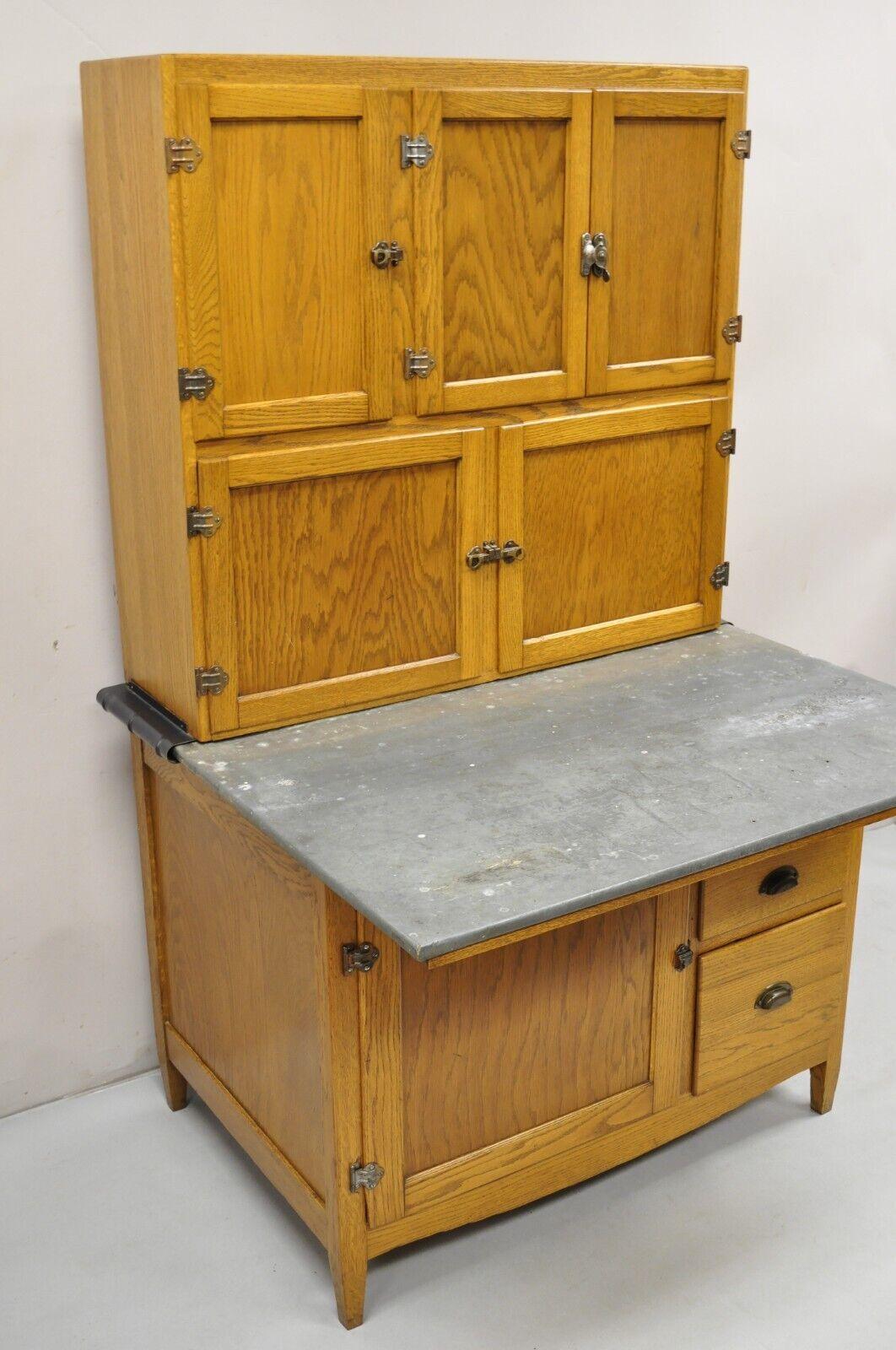 Antique Oak Wood Hoosier Style Cabinet Kitchen Cupboard with Pull Out Zinc Top