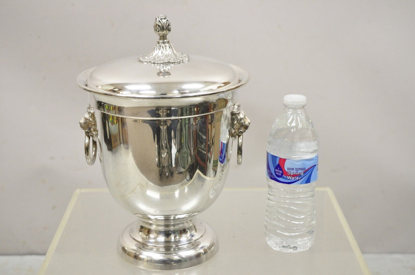 Vintage Saks Fifth Avenue Silver Plated Regency Lion Head Lidded Ice Bucket