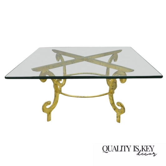 Vintage Italian Hollywood Regency Scrolling Gold Metal and Glass Coffee Table