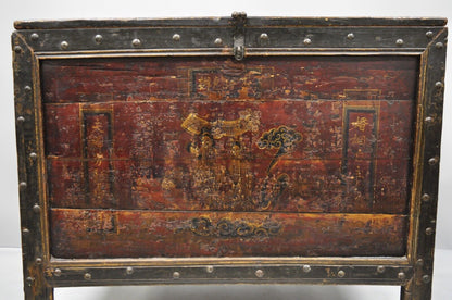 19th C Red Lacquer Asian Tibetan Mongolian Painted Wooden Trunk Chest Grain Bin