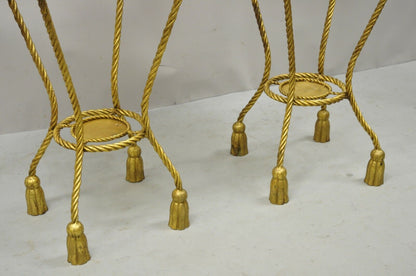 Italian Gold Gilt Iron Rope Tassel Marble Top Tall Pedestal Plant Stand - a Pair