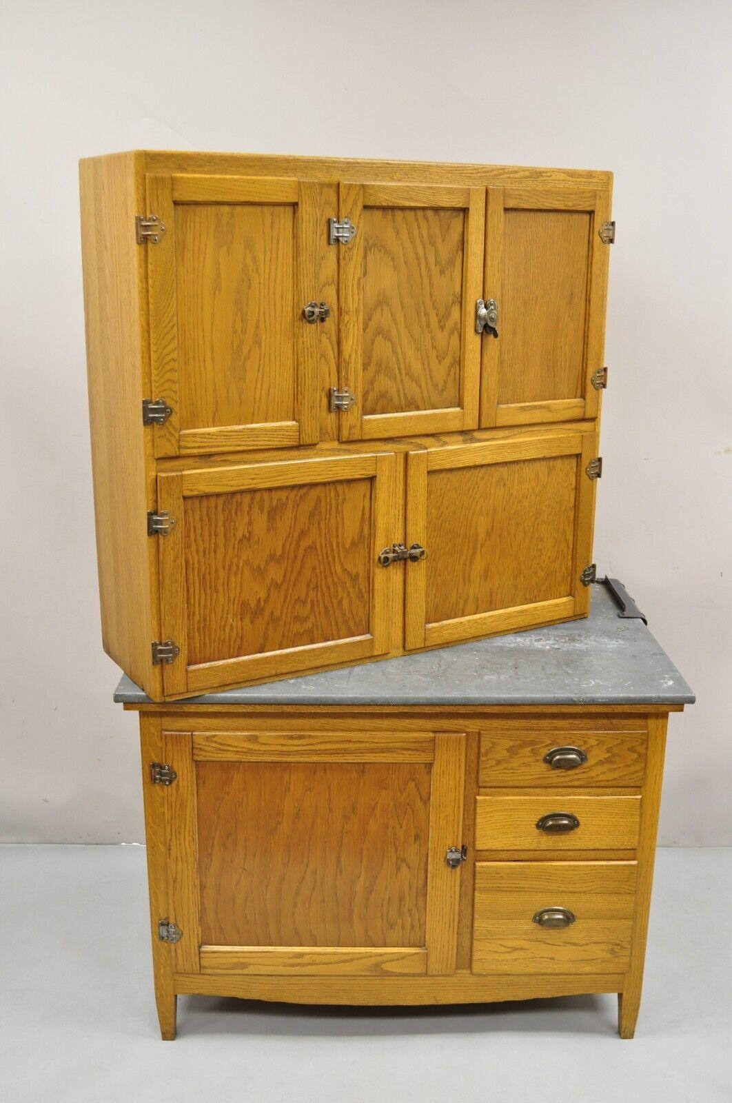 Antique Oak Wood Hoosier Style Cabinet Kitchen Cupboard with Pull Out Zinc Top