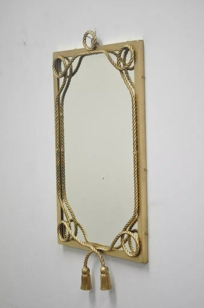 Vintage Italian Hollywood Regency Gold Gilt Iron Rope Tassel Tole Wall Mirror