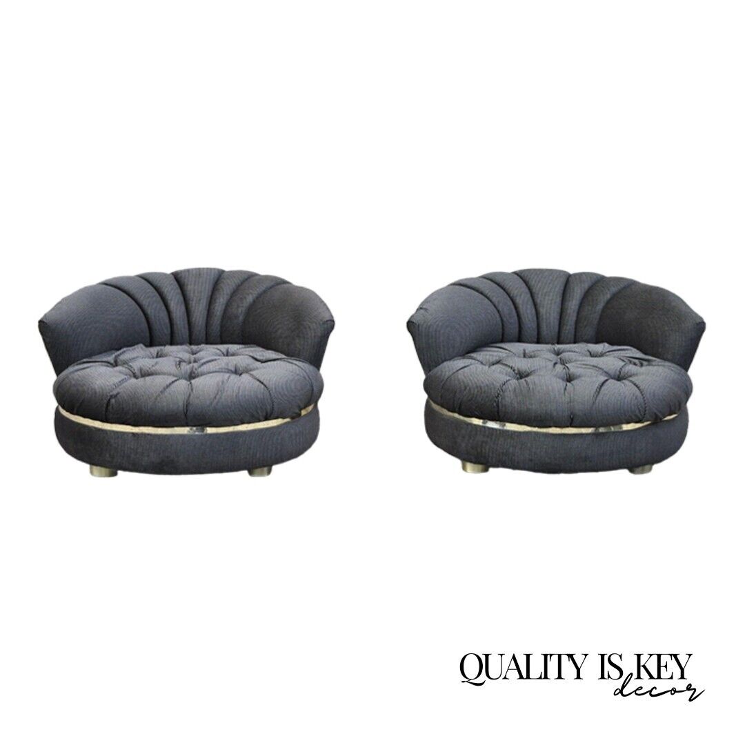 Large Milo Baughman Style Round Black Club Lounge Chair Brass Trim Feet - a Pair