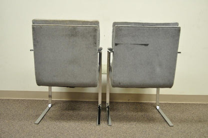 Mid Century Modern Milo Baughman Style Chrome Steel Cantilever Arm Chairs - Pair