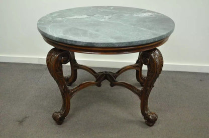 French Baroque Style Carved Mahogany and Green Marble Top Round Center Table