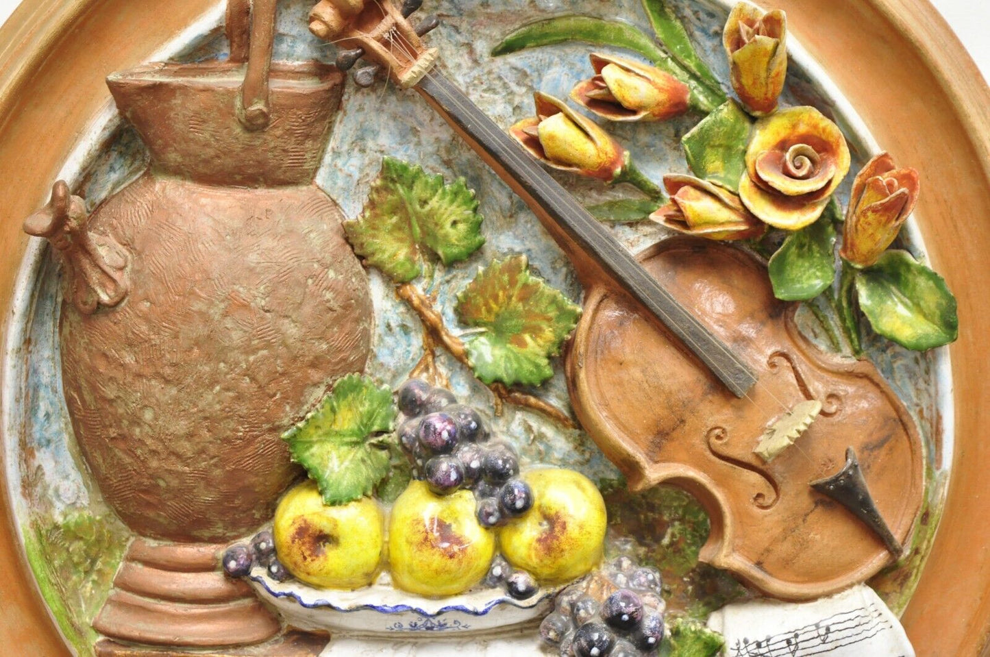 Vintage Italian Regency Style Glazed Terracotta Fruit & Violin Wall Art Plaque