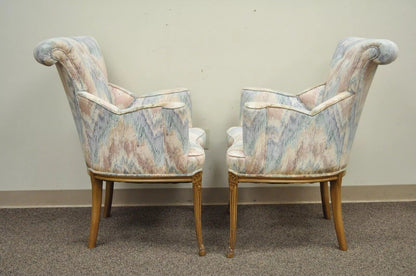 Vintage French Hollywood Regency Rolled Back Fireside Parlor Arm Chairs - a Pair