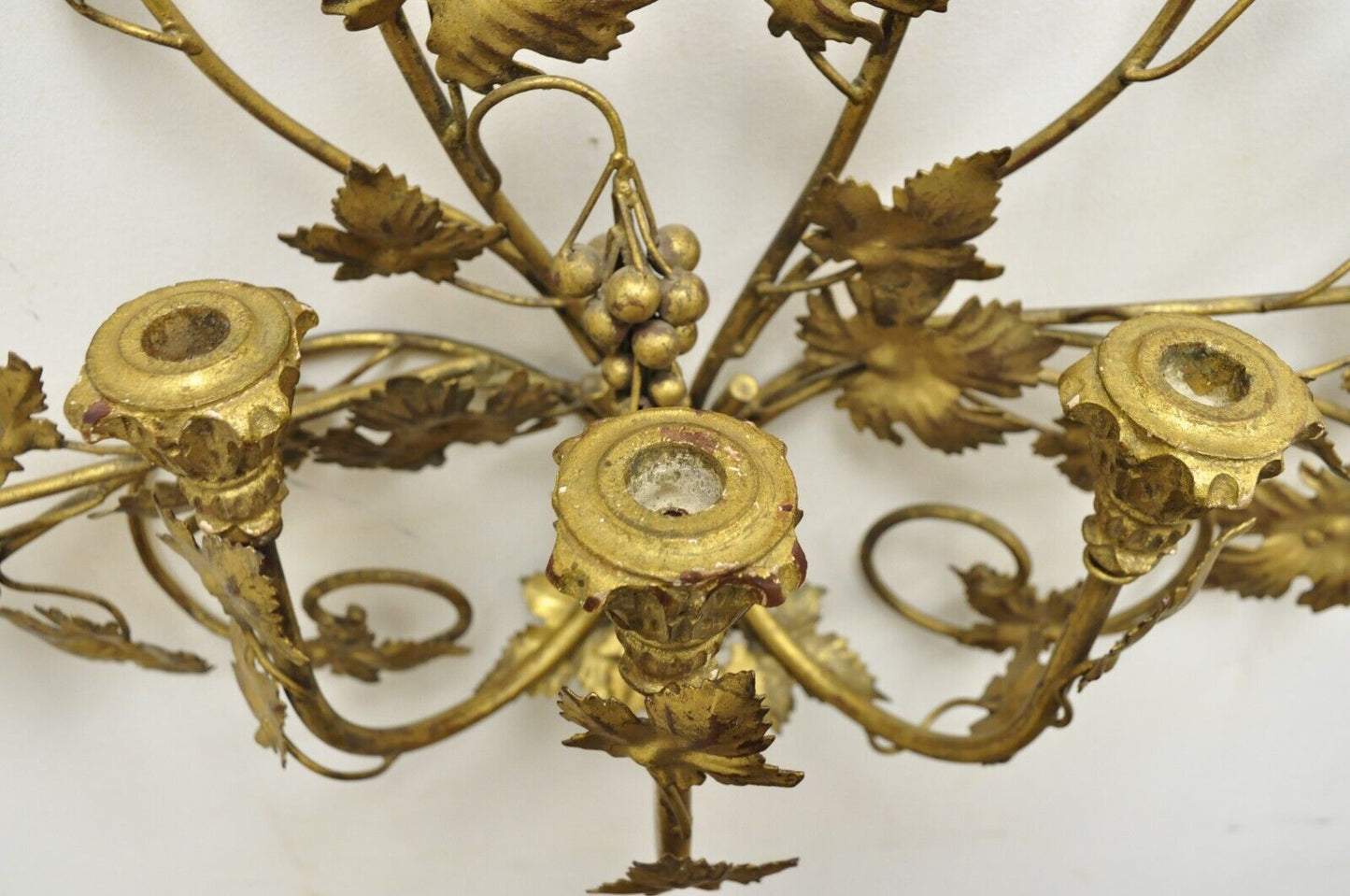 Vintage Italian Hollywood Regency Gold Iron Tole Leafy 3 Candelabra Wall Sconce