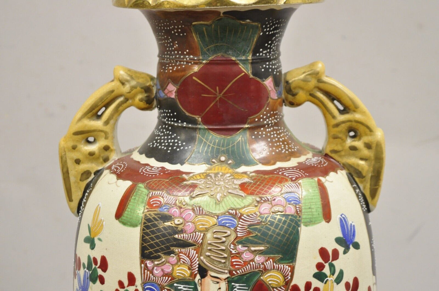 Vintage Japanese Hand Painted Ceramic Porcelain 24" Satsuma Vase with Warriors