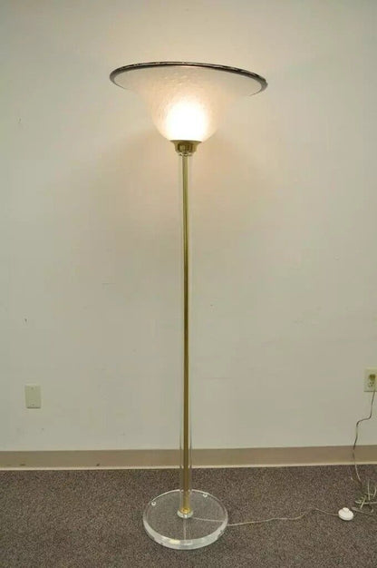 Vintage Mid Century Hollywood Regency Lucite Brass Glass Torchiere Floor Lamp