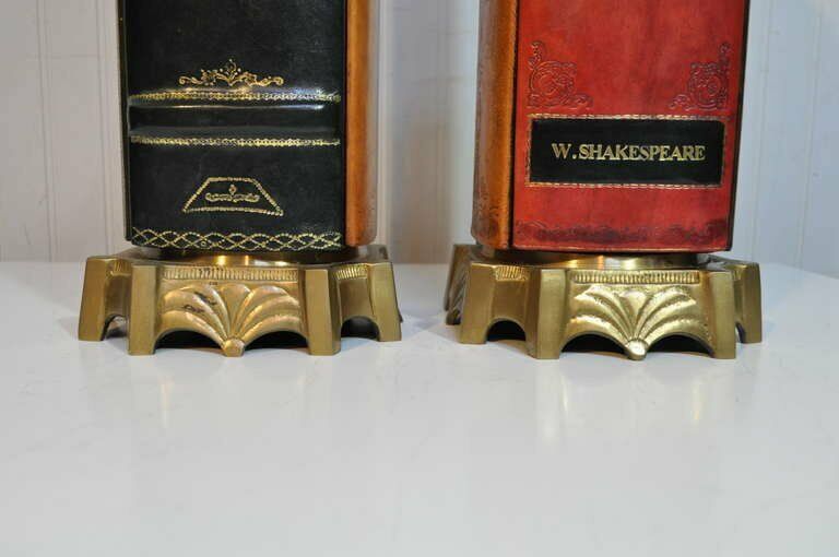 Vintage English Regency Style Leather Book Form Table Lamps by Wildwood - a Pair