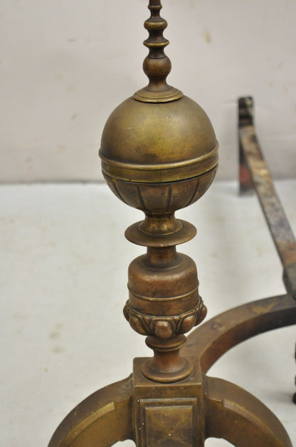 Antique English Federal Brass Cannonball Fireplace Andirons With Patina -  Pair