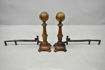 19th C. American Federal Brass Cannonball Andirons with Aged Patina - a Pair