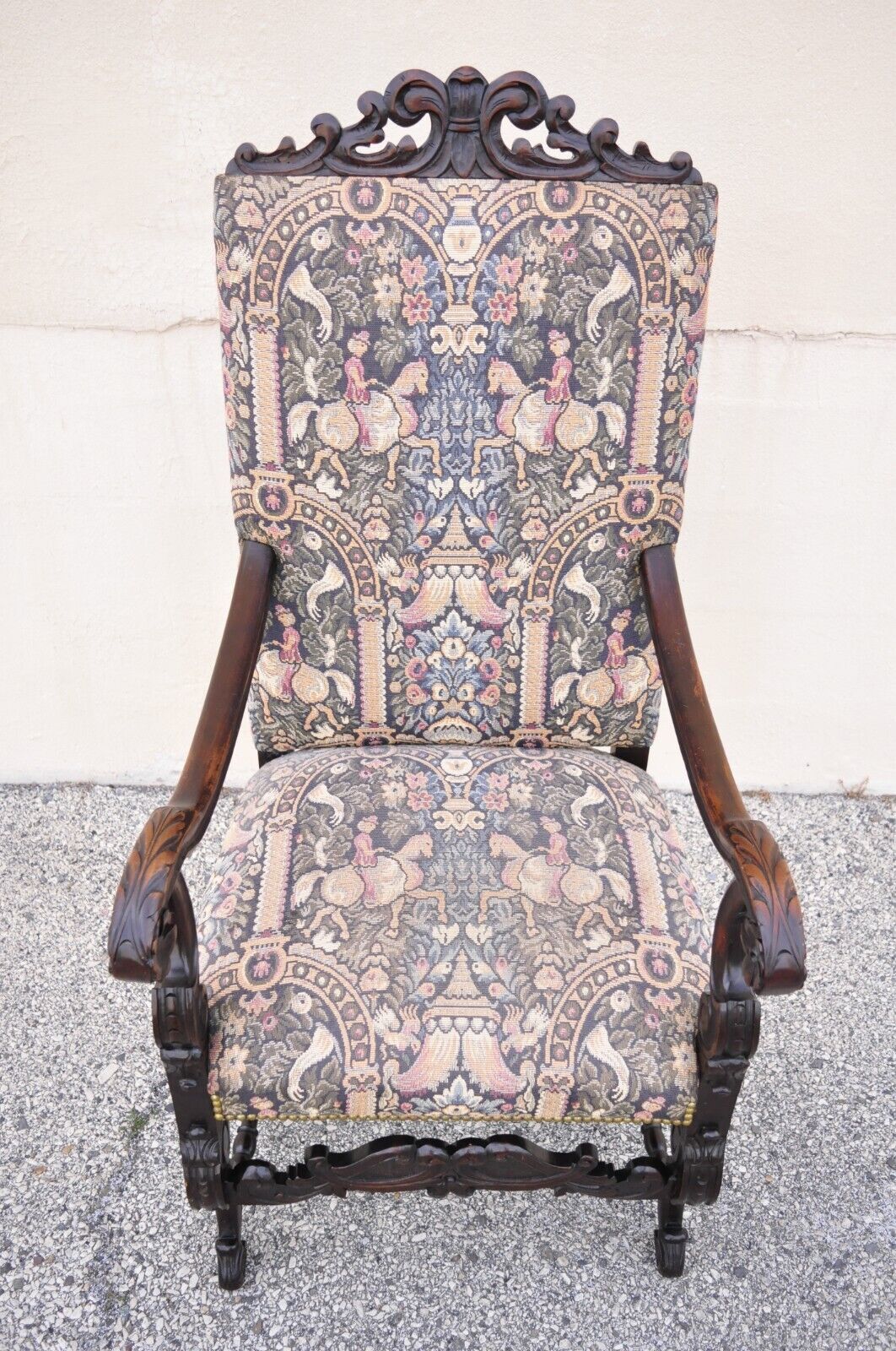 Antique Italian Renaissance Baroque Tapestry Throne Lounge Arm Chair