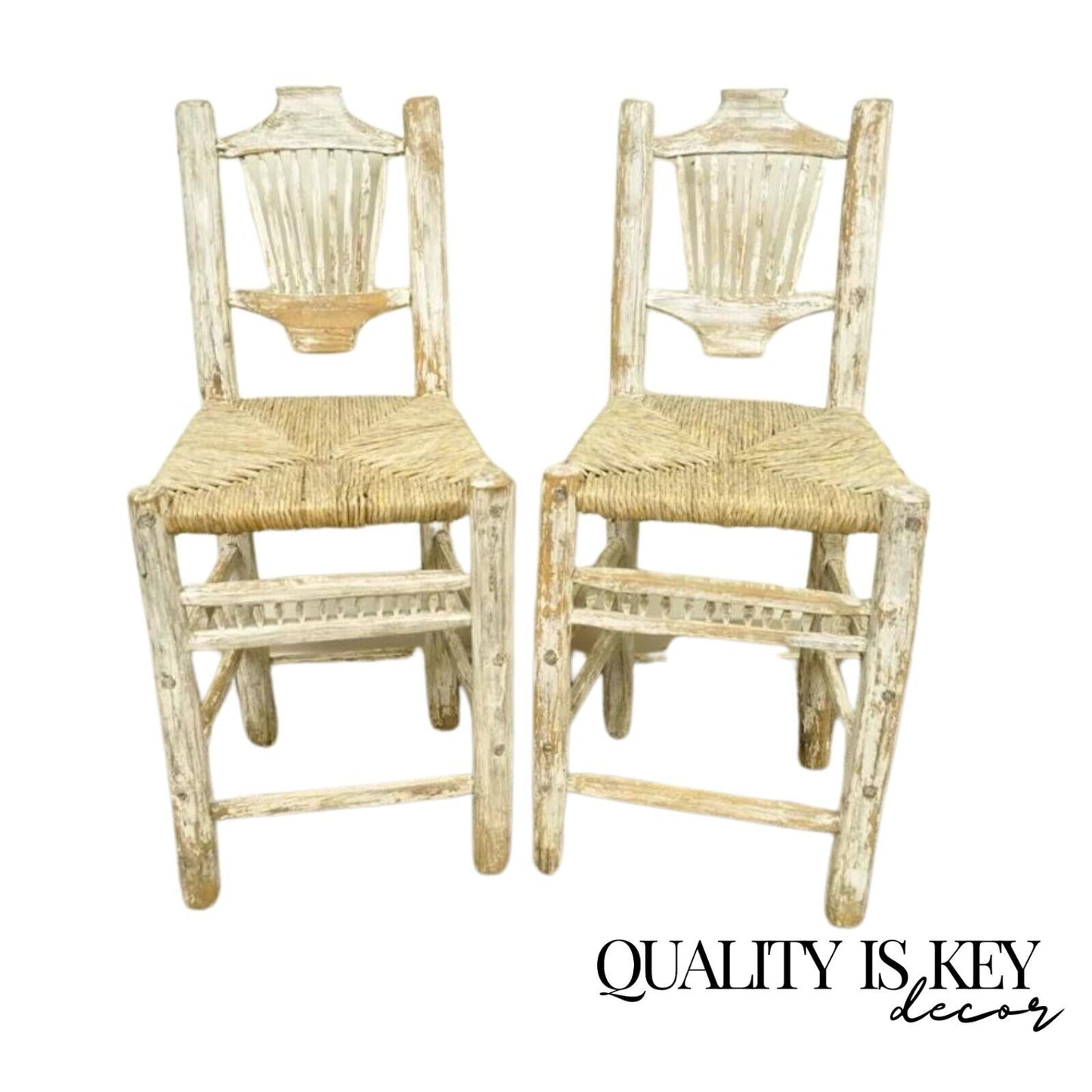 Hickory Style Rustic Log Cabin Wood Woven Rush Seat Bar Stools Chairs - a Pair