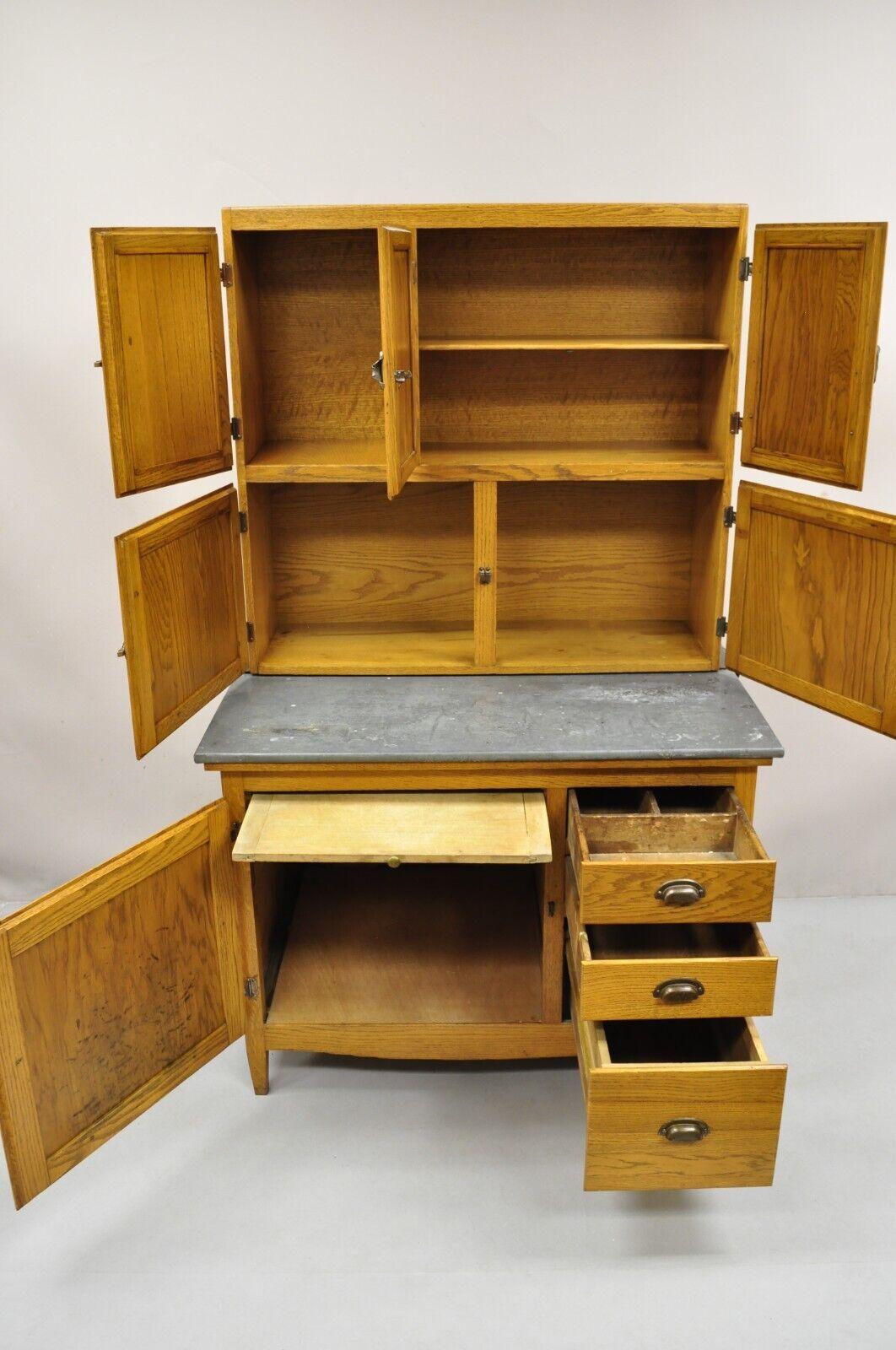 Antique Oak Wood Hoosier Style Cabinet Kitchen Cupboard with Pull Out Zinc Top