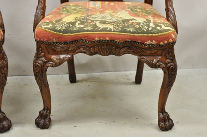 Maitland Smith Georgian Style Carved Mahogany Needlepoint Seat Arm Chairs a Pair