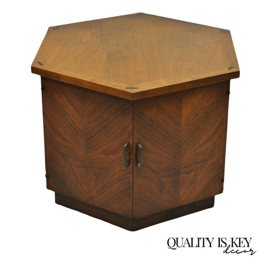 Lane Altavista Mid Century Modern Walnut 2 Door Side Drum End Table Cabinet