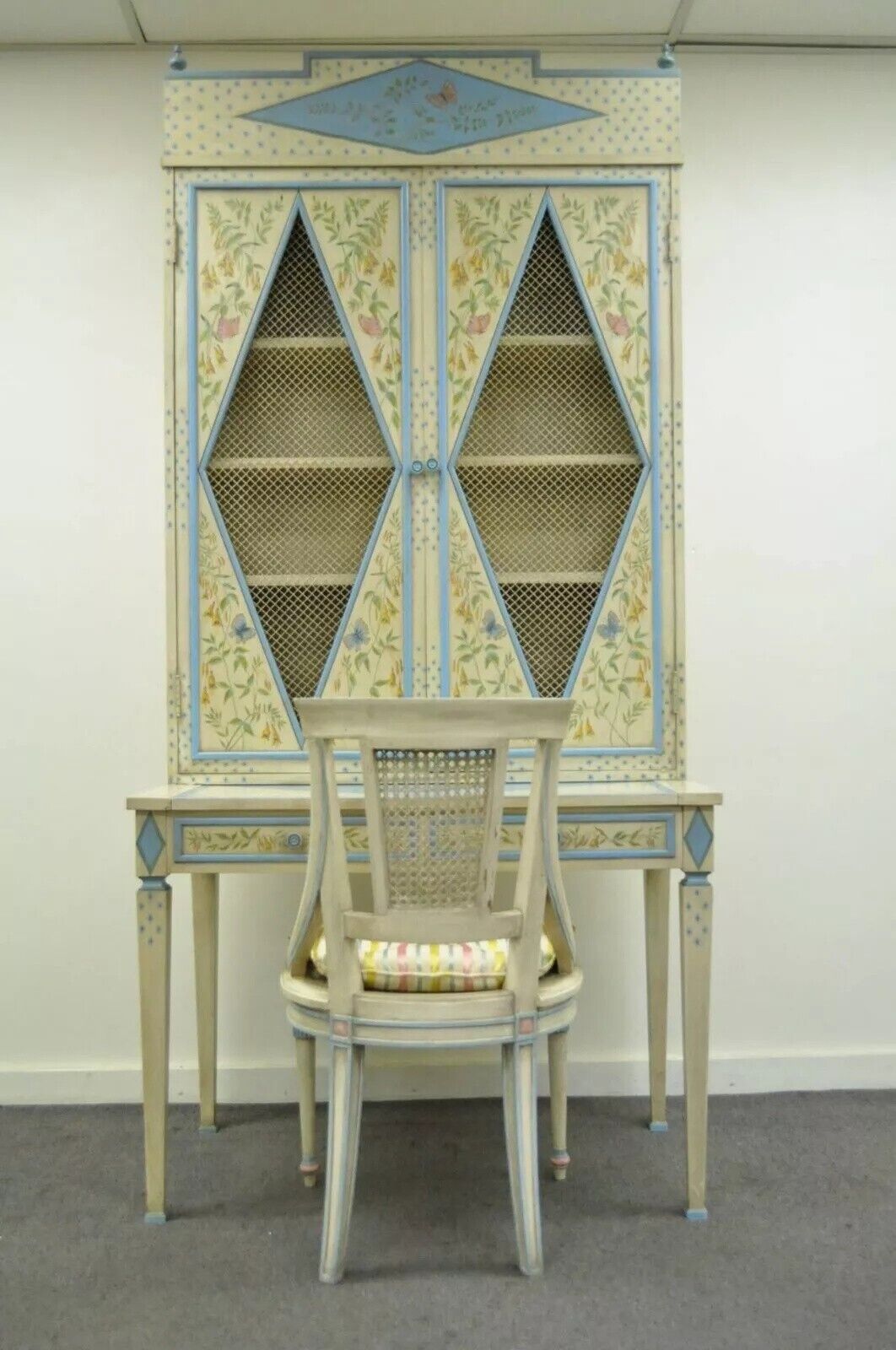 Vintage Chinoiserie Butterfly & Bird Custom Painted Tall Secretary Desk & Chair