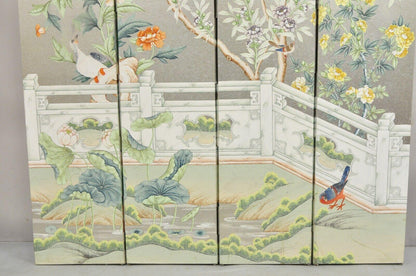 Vintage Chinoiserie Silver Leaf Birds Butterflies 4 Panel Screen Room Divider B