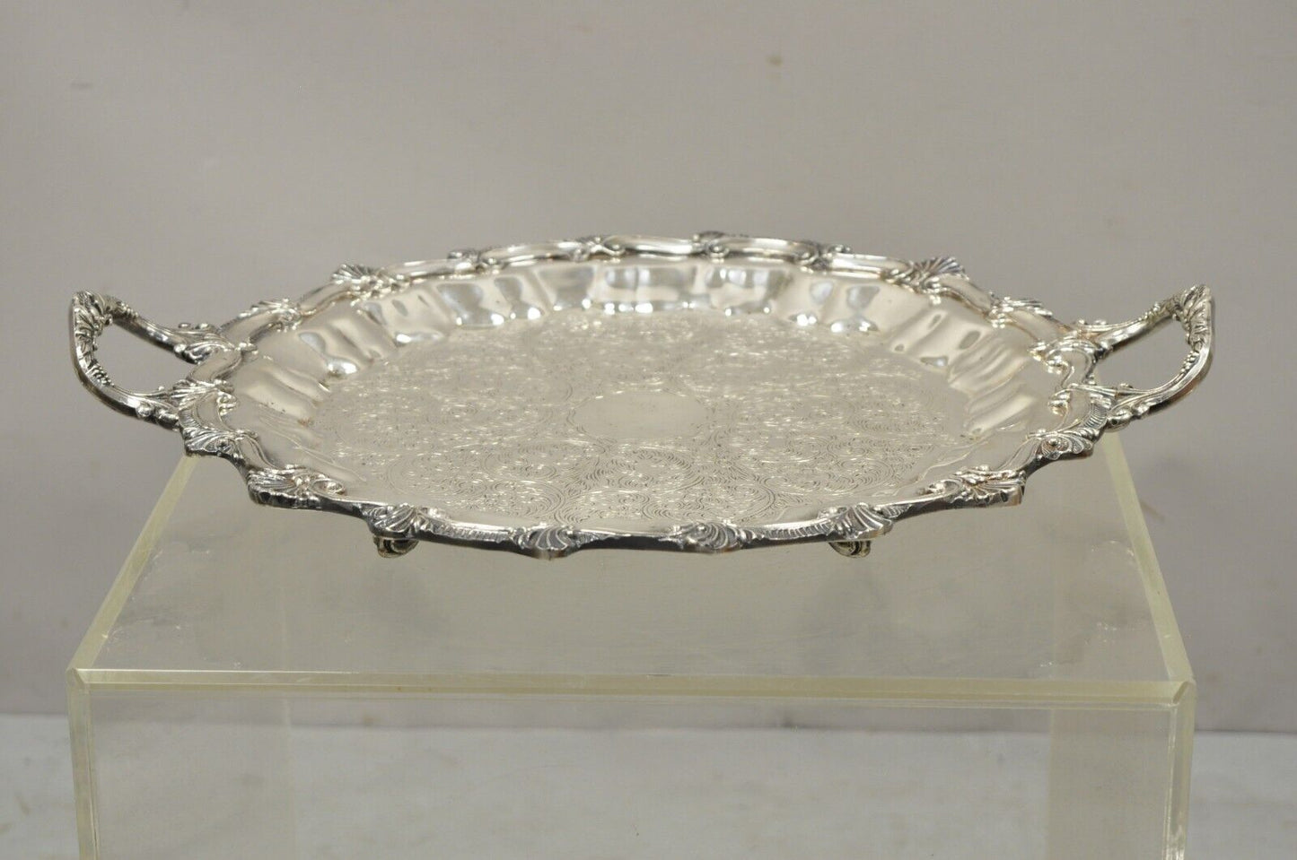 Regency Style Ornate Heavy Silver Plated Twin Handle Scalloped Platter Tray