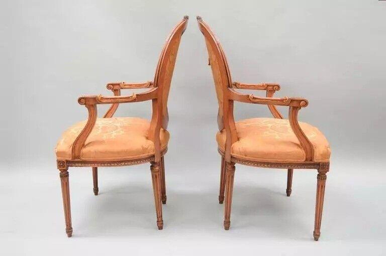 French Louis XVI Style Pink Distress Painted Oval Back Dining Arm Chairs - Pair