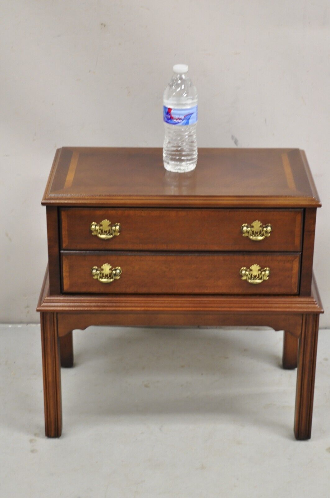 Lane Chippendale Style Banded Mahogany Wood 2 Drawer Small Side Table Chest