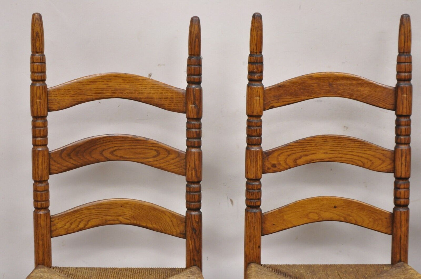 Antique Ladderback Primitive Rustic Oak Wood Rush Seat Dining Chairs - Set of 4