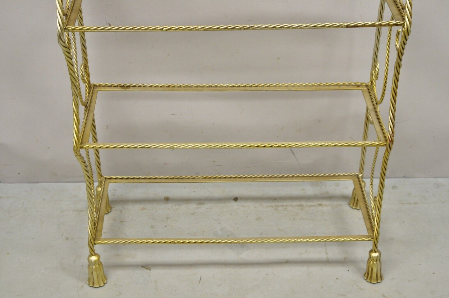 Italian Hollywood Regency Rope Tassel Silver Gold 5 Tier Iron Bakers Rack Shelf