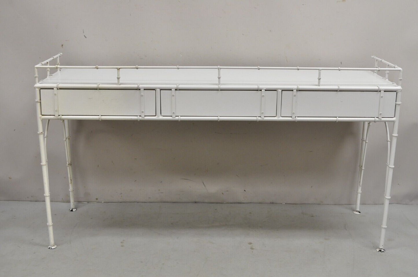 Vintage Hollywood Regency Faux Bamboo White 3 Drawer Metal Hall Console Table