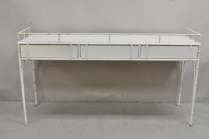 Vintage Hollywood Regency Faux Bamboo White 3 Drawer Metal Hall Console Table