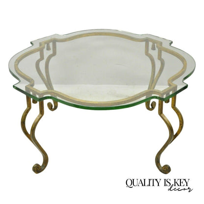 Italian Hollywood Regency Distressed Gold Gilt Iron Scalloped Glass Coffee Table