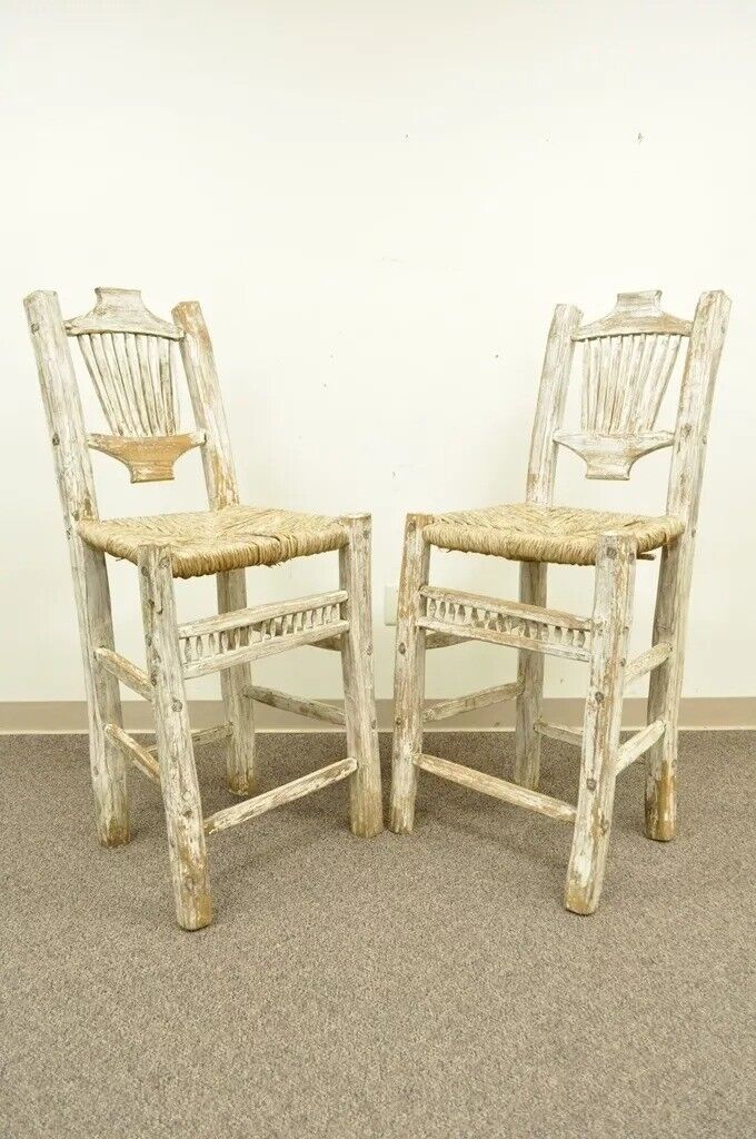 Hickory Style Rustic Log Cabin Wood Woven Rush Seat Bar Stools Chairs - a Pair