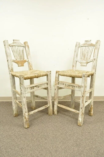 Hickory Style Rustic Log Cabin Wood Woven Rush Seat Bar Stools Chairs - a Pair