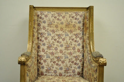 Antique French Louis XVI Victorian Gold Gilt Wood Wing Back Bergere Arm Chair