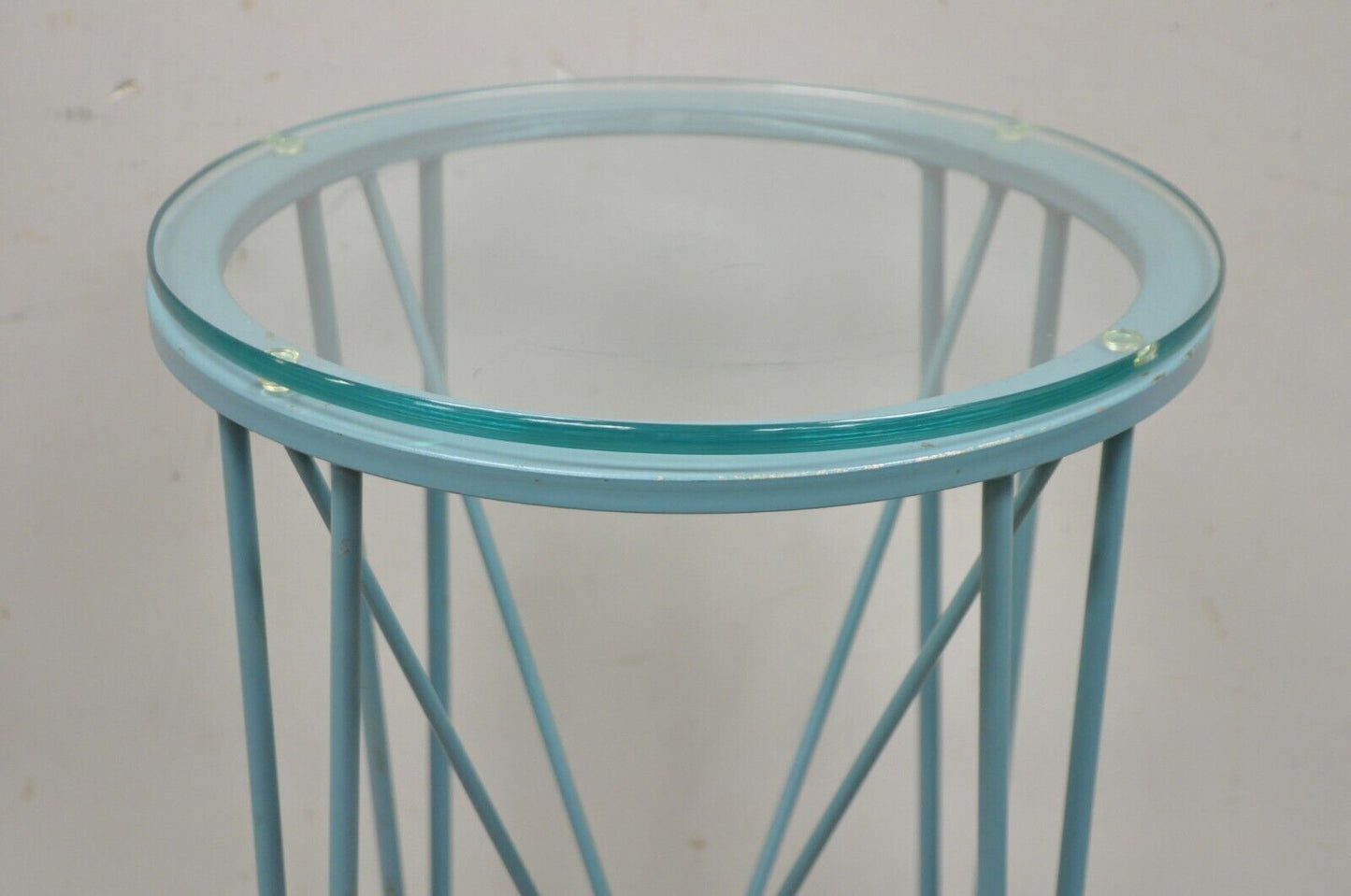 Modern Directoire Style Blue Skyscraper Glass Top Pedestal Stand Side Table