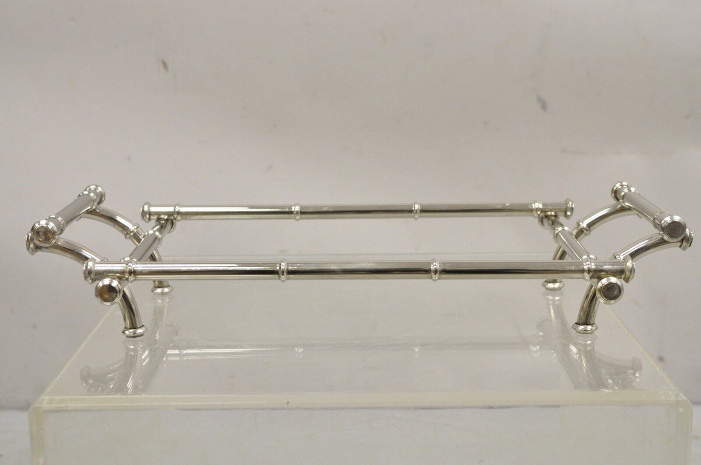 Vtg Italian Hollywood Regency Faux Bamboo Silver Plated Serving Platter Stand