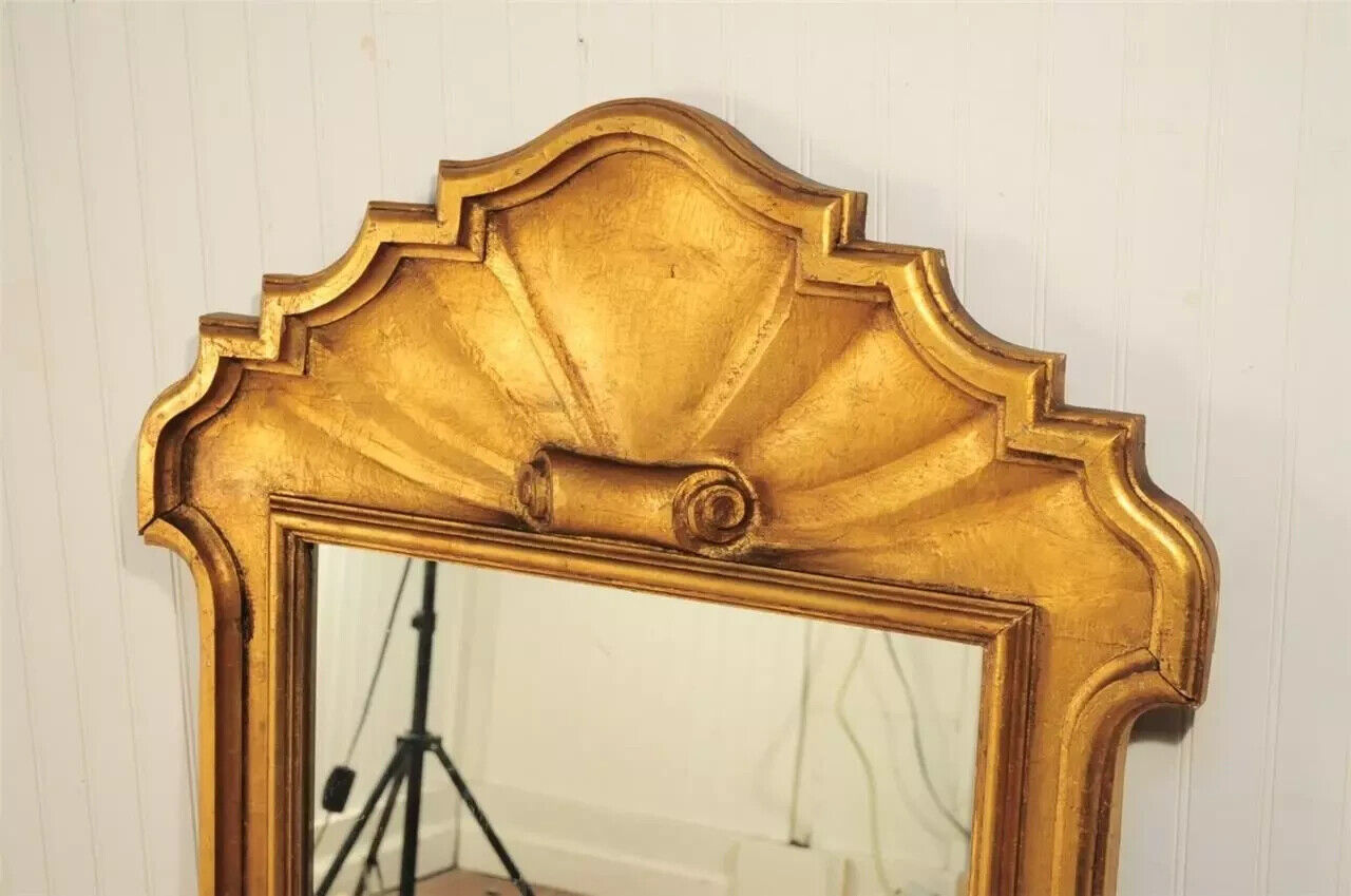 Vintage Italian Hollywood Regency Scroll Shell Carved Wood Gold Leaf Wall Mirror
