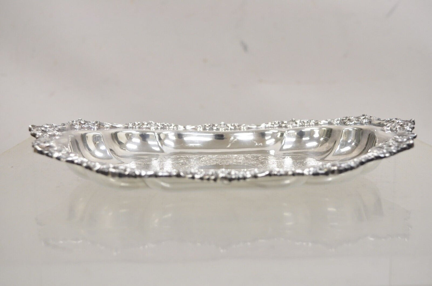 Vintage English Victorian Oval Silver Plated Ornate Scalloped Trinket Dish Tray