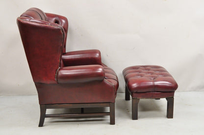 English Chesterfield Oxblood Burgundy Leather Tufted Wingback Chair and Ottoman