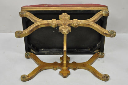 Vintage Spanish Regency Carved Wood X-Frame Gold Upholstered Stool Bench