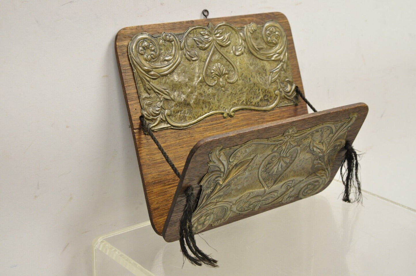 Antique Arts & Crafts Oak & Brass Embossed Folding Wall Hanging Letter Holder