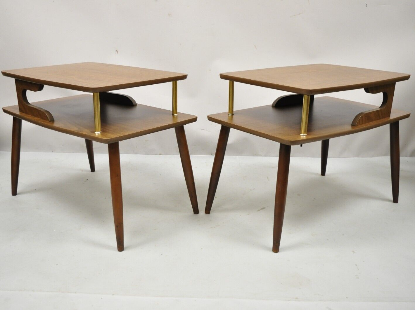 Mid Century Modern Walnut and Laminate Top 2 Tier Step Up End Tables - a Pair