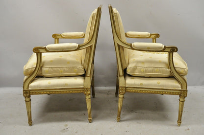 Pair French Louis XVI Neoclassical Gold Silk Fauteuil Parcel Gilt Arm Chairs