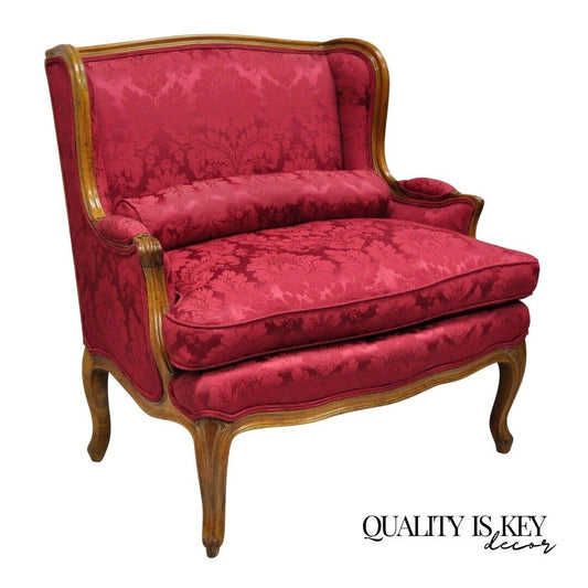 French Country Louis XV Style Mahogany Burgundy Wingback Settee Loveseat Sofa