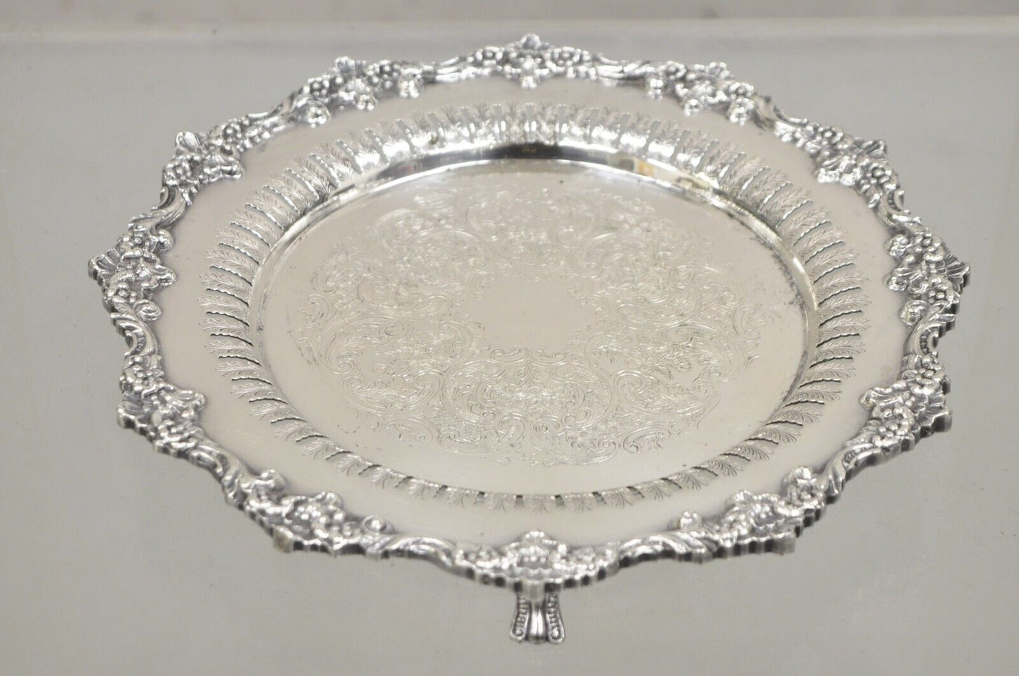 Vintage English Victorian Reticulated Silver Plated Round Footed Serving Tray