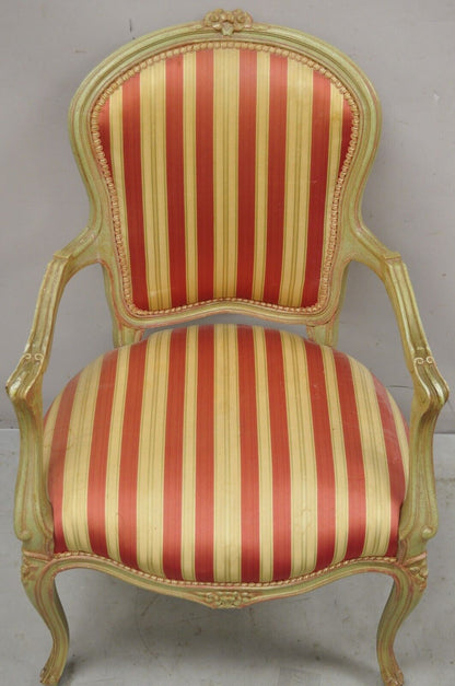 Vtg French Louis XV Style Green & Pink Painted Arm Chair Fauteuil Striped Fabric